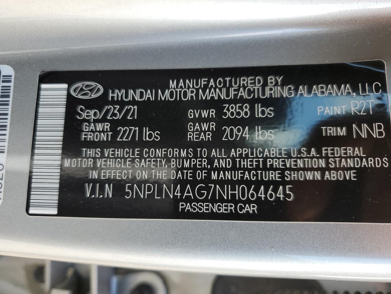 2022 HYUNDAI ELANTRA SEL VIN:5NPLN4AG7NH064645