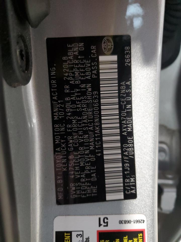 2022 TOYOTA CAMRY LE VIN:4T1C11AK8NU006639