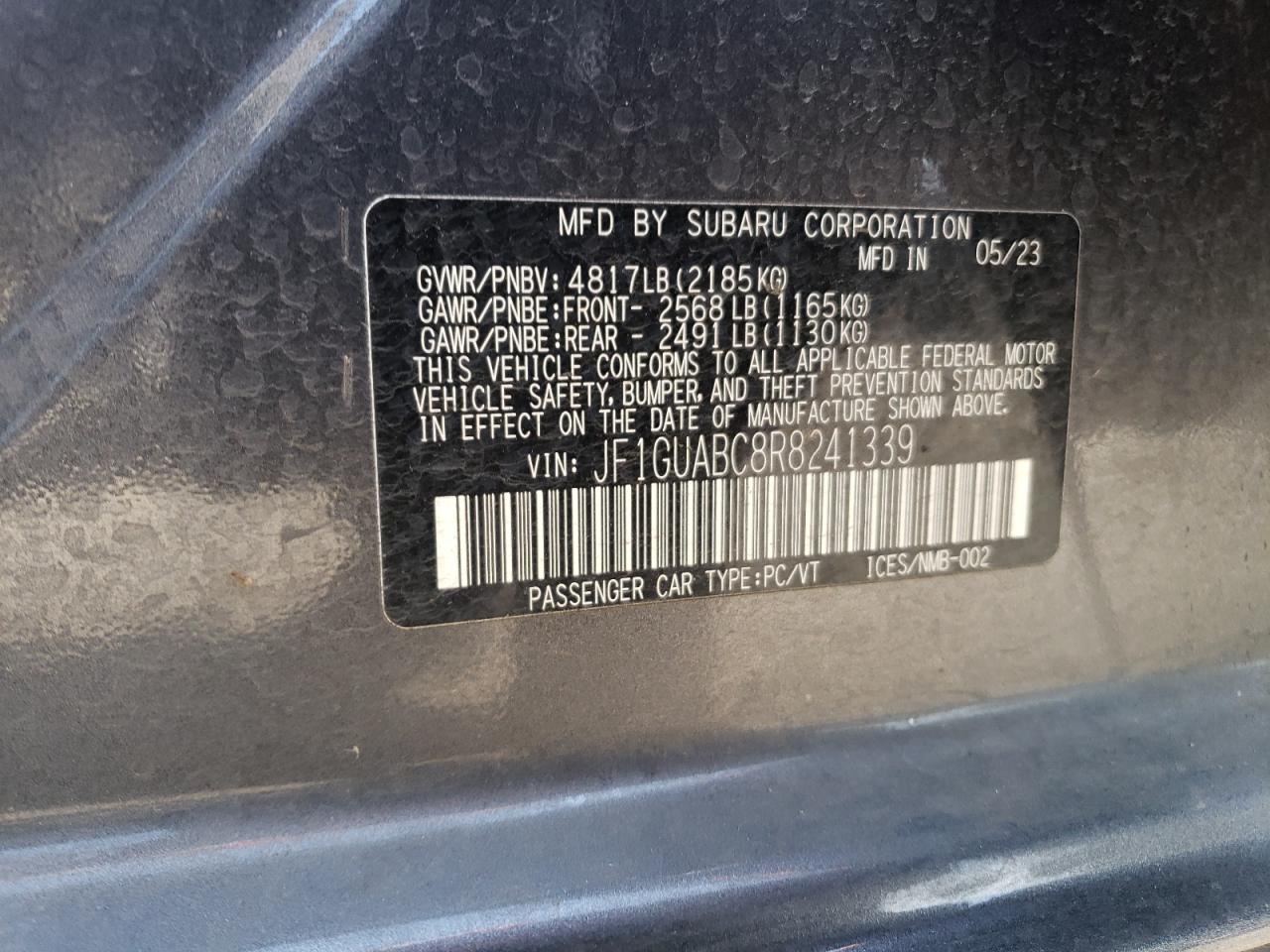 2024 SUBARU IMPREZA VIN:JF1GUABC8R8241339