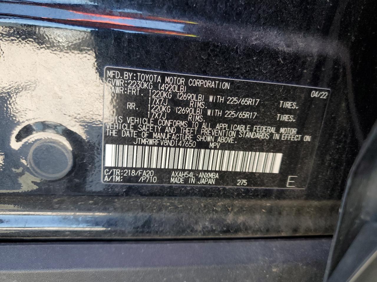 2022 TOYOTA RAV4 XLE VIN:JTMRWRFV8ND147650