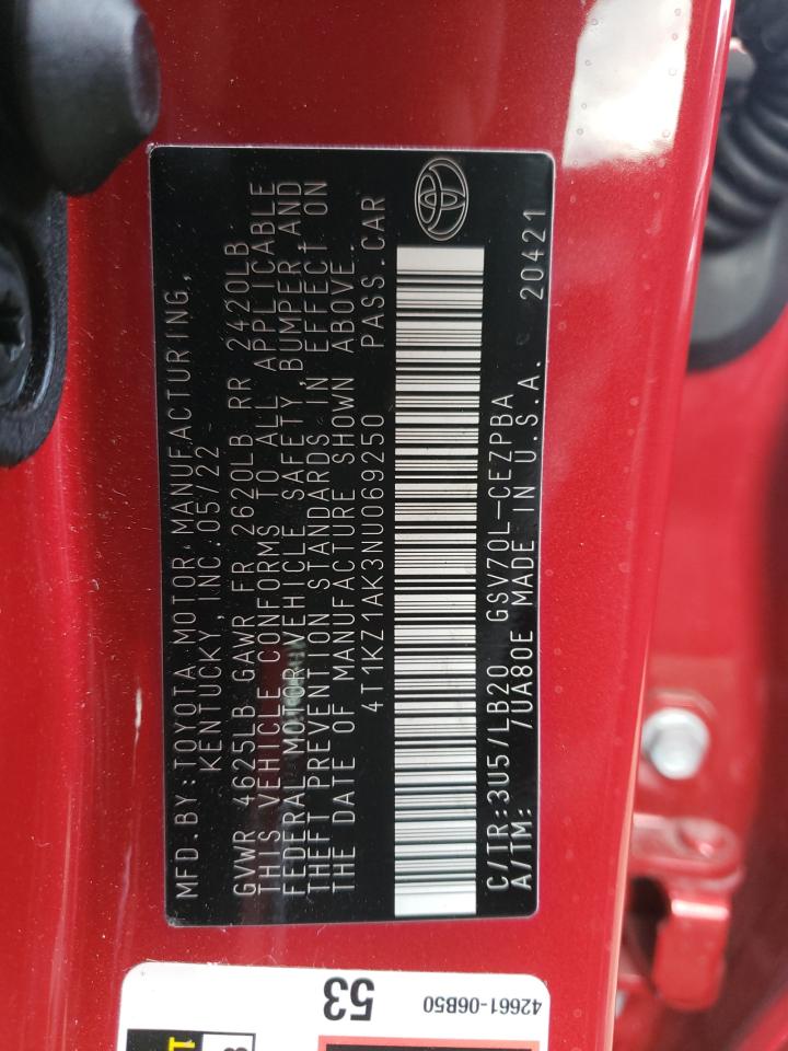 2022 TOYOTA CAMRY TRD VIN:4T1KZ1AK3NU069250