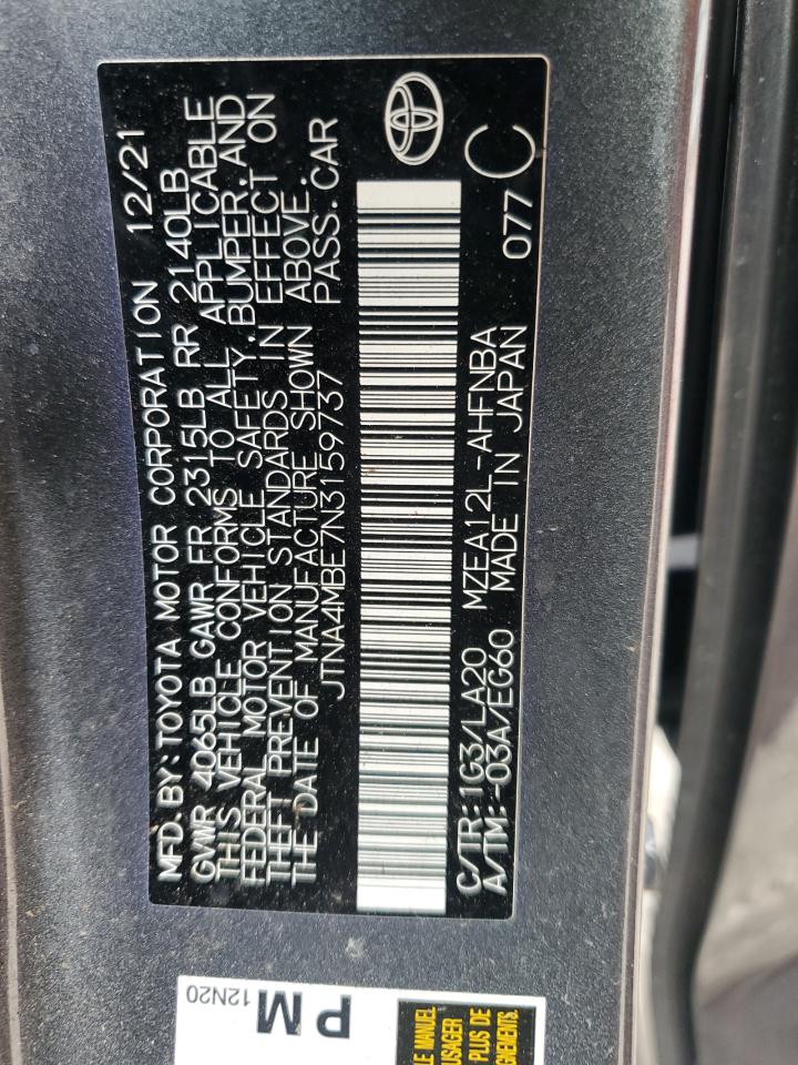 2022 TOYOTA COROLLA XSE VIN:JTNA4MBE7N3159737