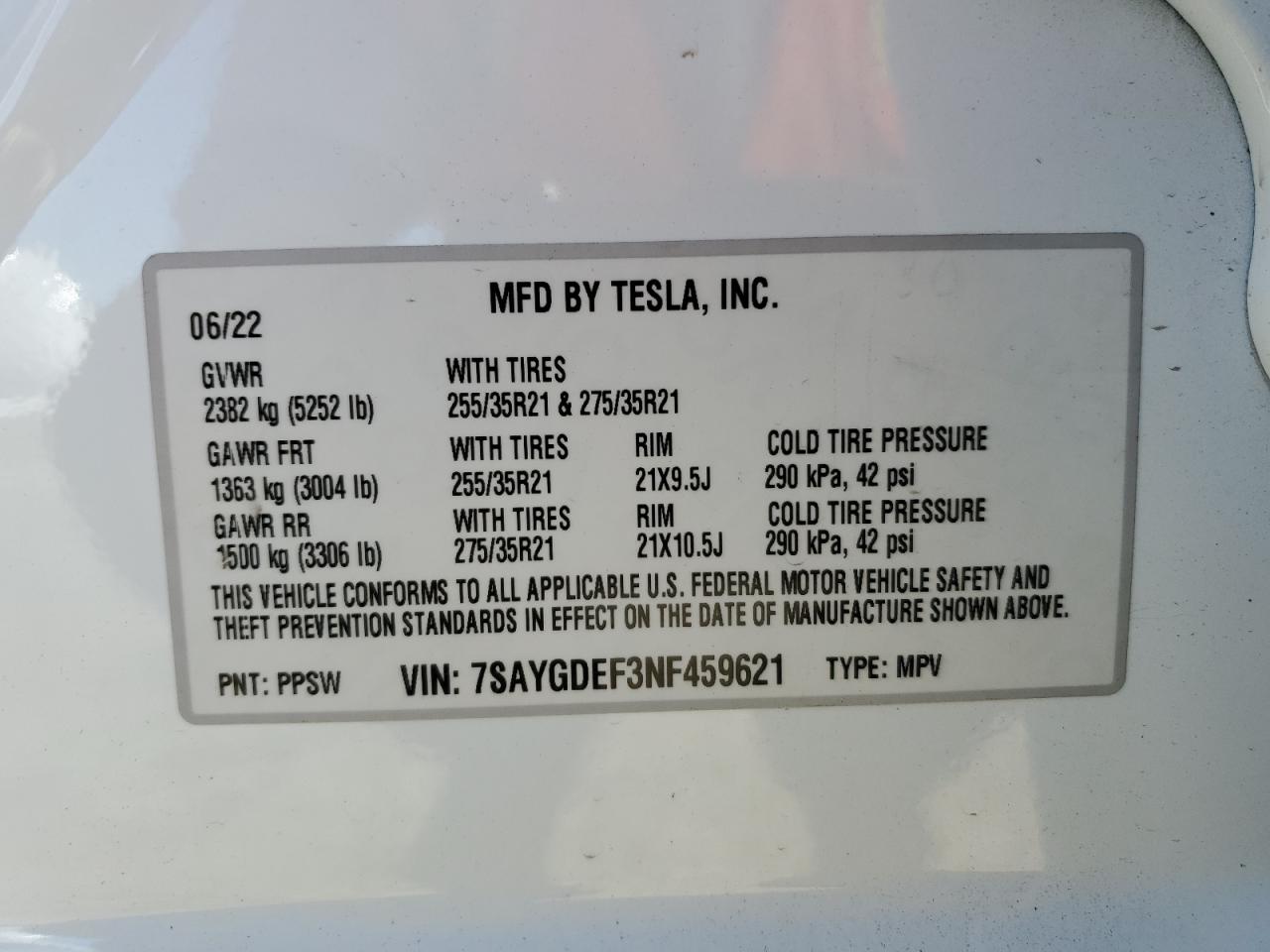 2022 TESLA MODEL Y VIN:7SAYGDEF3NF459621