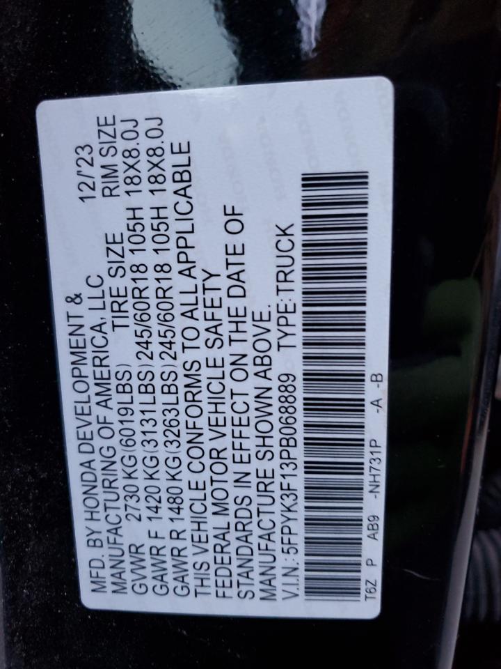 2023 HONDA RIDGELINE SPORT VIN:5FPYK3F13PB068889