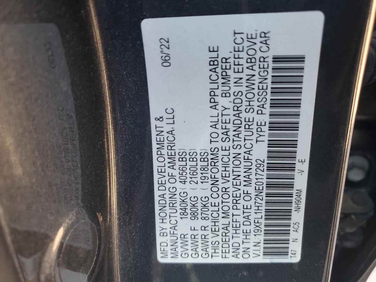 2022 HONDA CIVIC EXL VIN:19XFL1H72NE017292