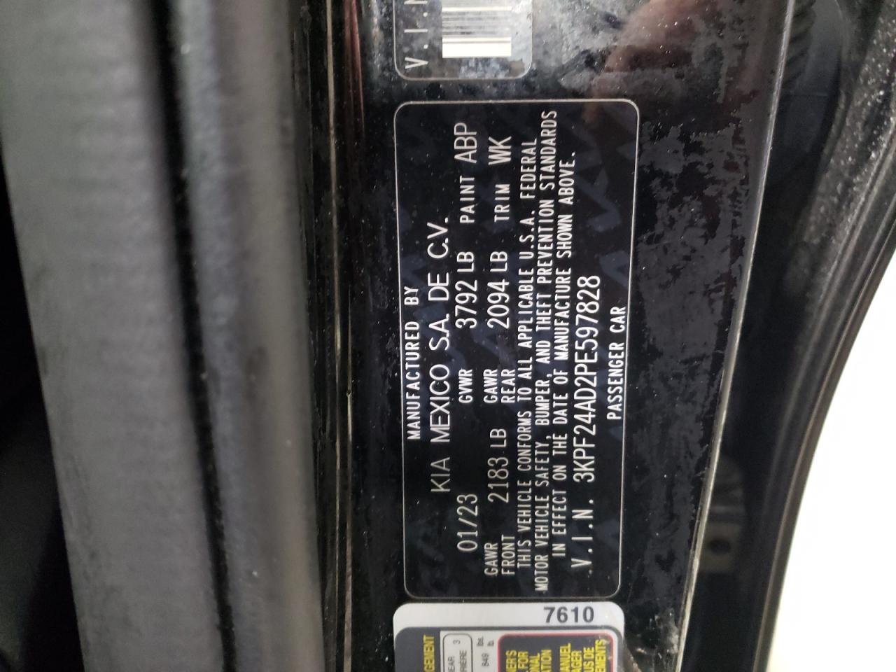 2023 KIA FORTE LX VIN:3KPF24AD2PE597828