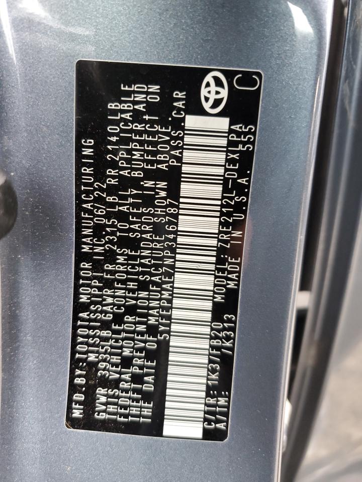 2022 TOYOTA COROLLA LE VIN:5YFEPMAE7NP346787