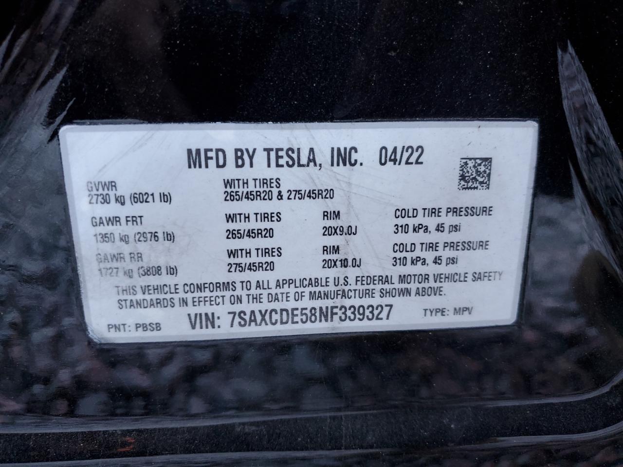 2022 TESLA MODEL X VIN:7SAXCDE58NF339327