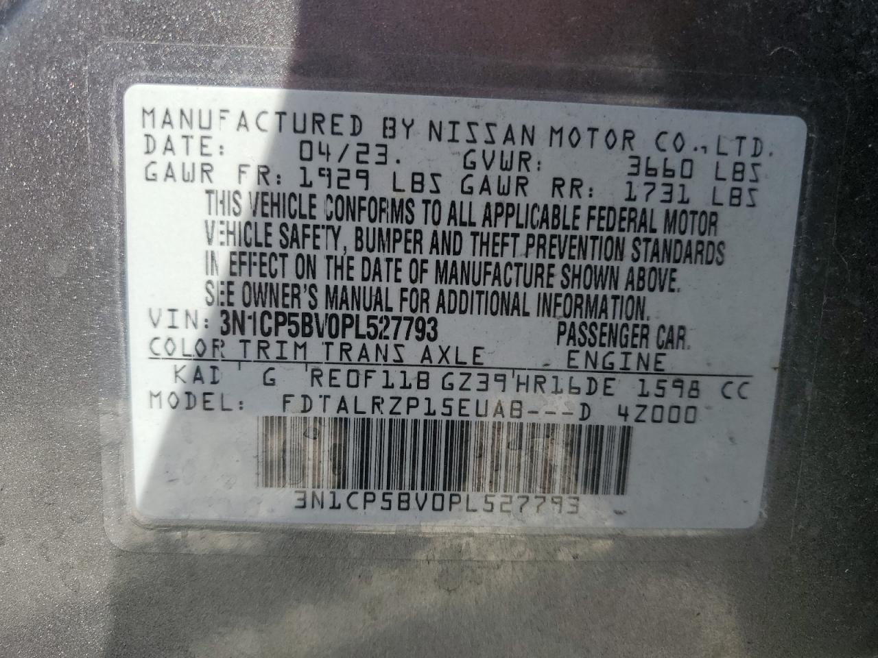 2023 NISSAN KICKS S VIN:3N1CP5BV0PL527793