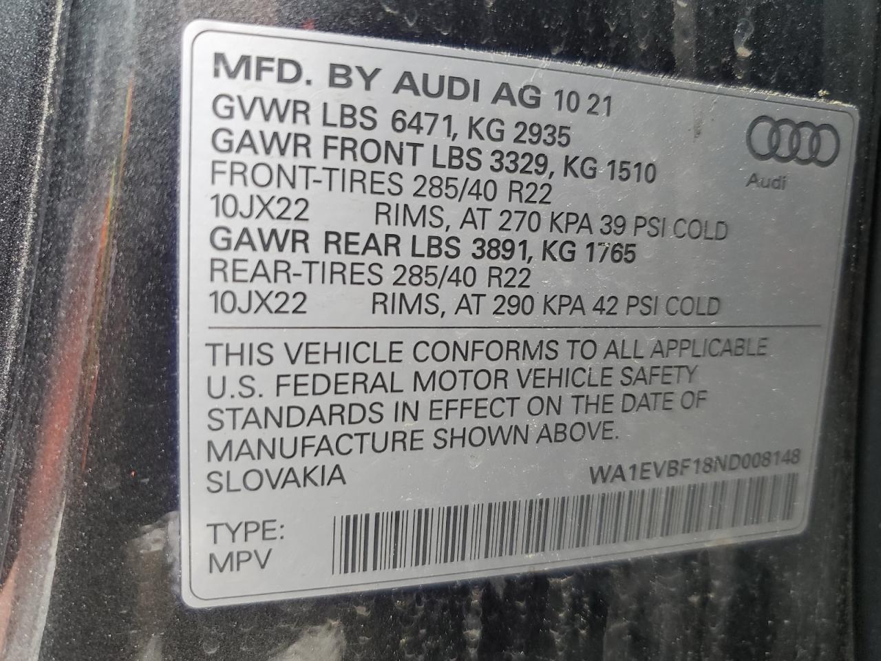 2022 AUDI Q8 PREMIUM PLUS S-LINE VIN:WA1EVBF18ND008148