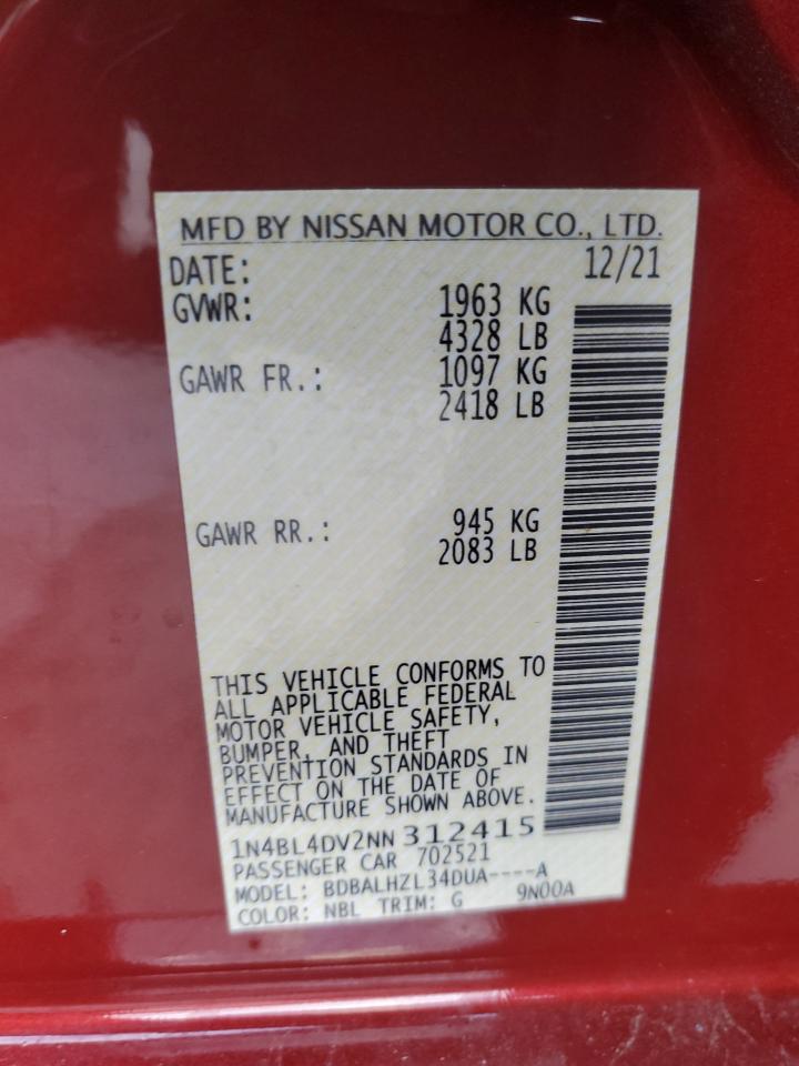 2022 NISSAN ALTIMA SV VIN:1N4BL4DV2NN312415