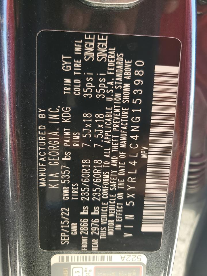 2022 KIA SORENTO S VIN:5XYRL4LC4NG153980