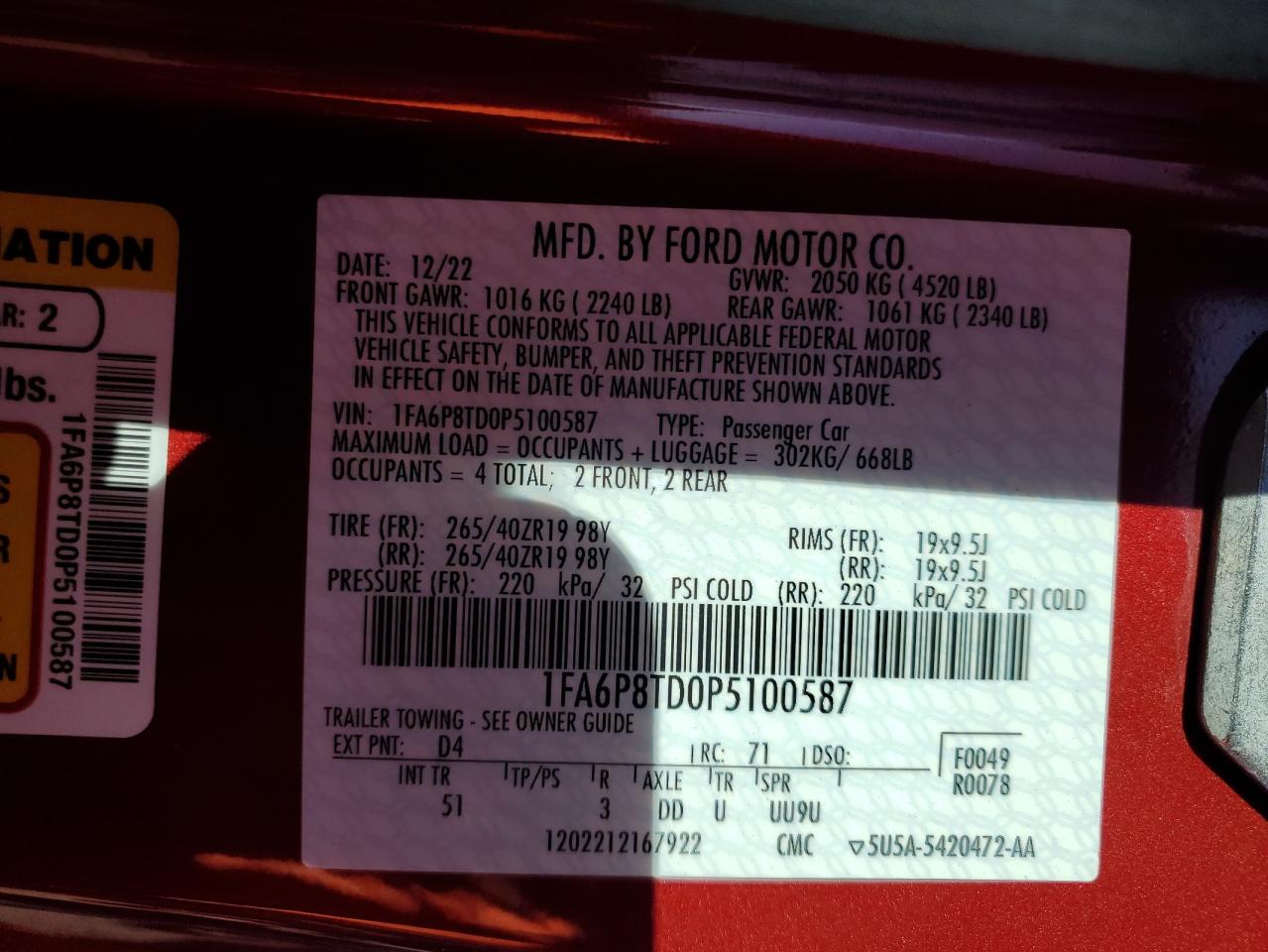 2023 FORD MUSTANG VIN:1FA6P8TD0P5100587