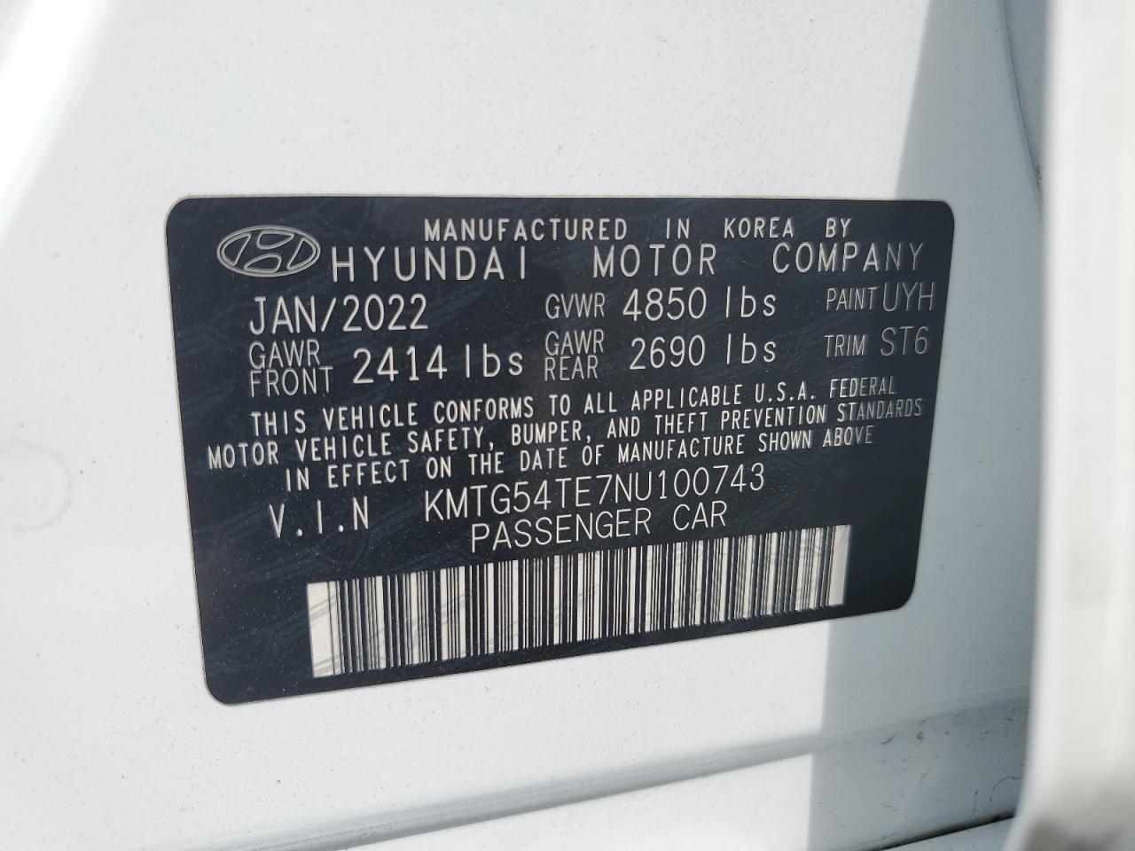 2022 GENESIS G70 BASE VIN:KMTG54TE7NU100743