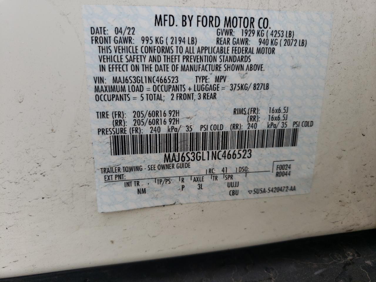 2022 FORD ECOSPORT SE VIN:MAJ6S3GL1NC466523