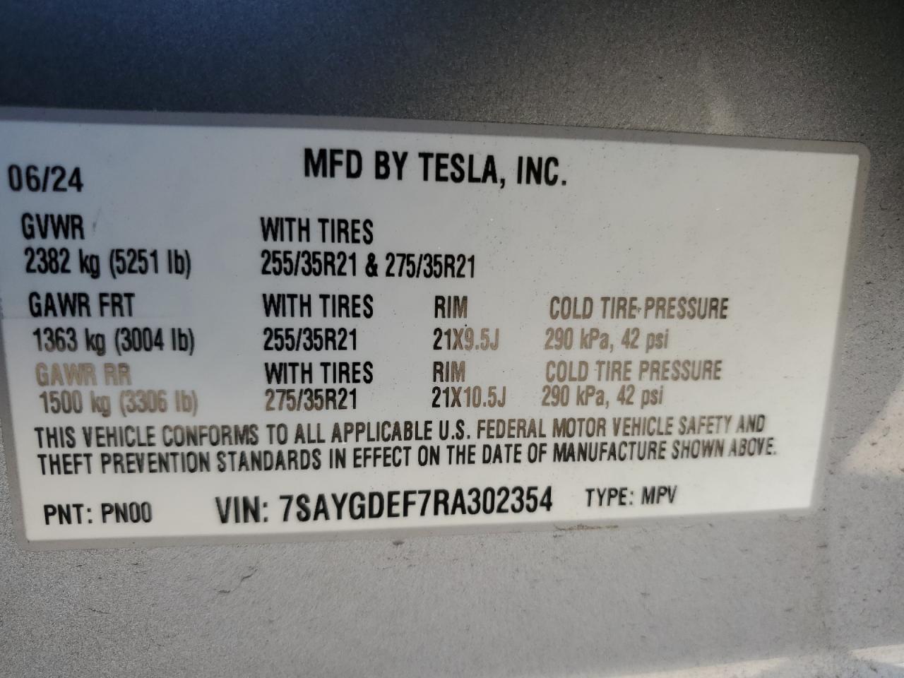 2024 TESLA MODEL Y VIN:7SAYGDEF7RA302354