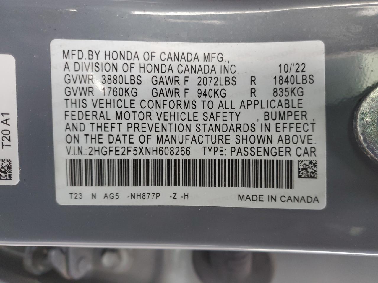 2022 HONDA CIVIC SPORT VIN:2HGFE2F5XNH608266