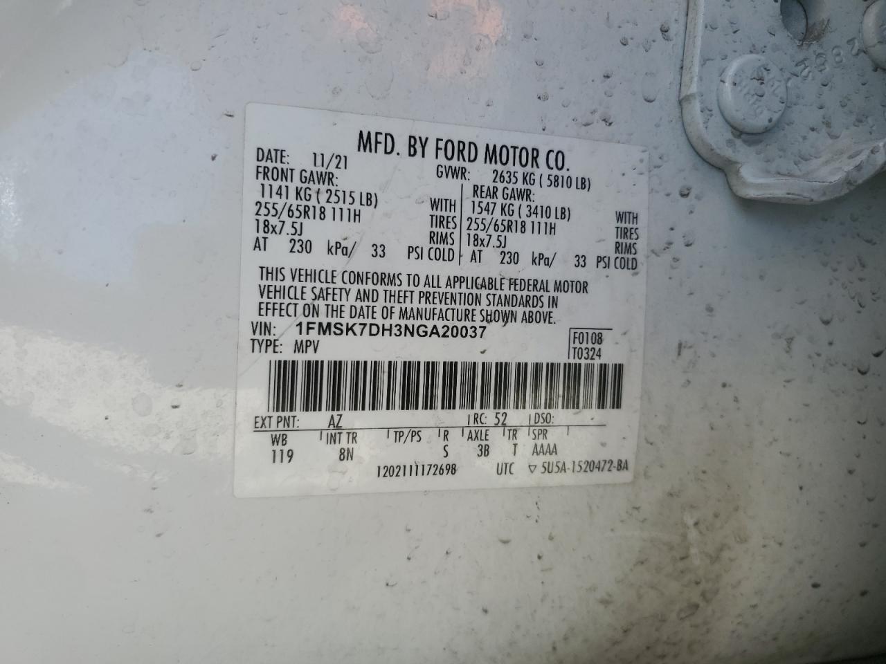 2022 FORD EXPLORER XLT VIN:1FMSK7DH3NGA20037