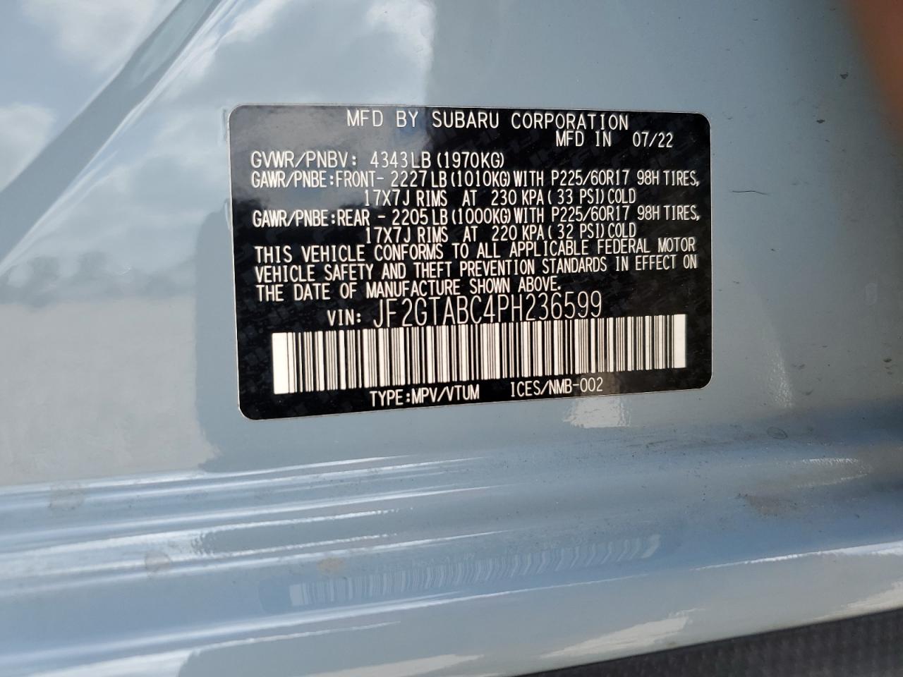 2023 SUBARU CROSSTREK VIN:JF2GTABC4PH236599