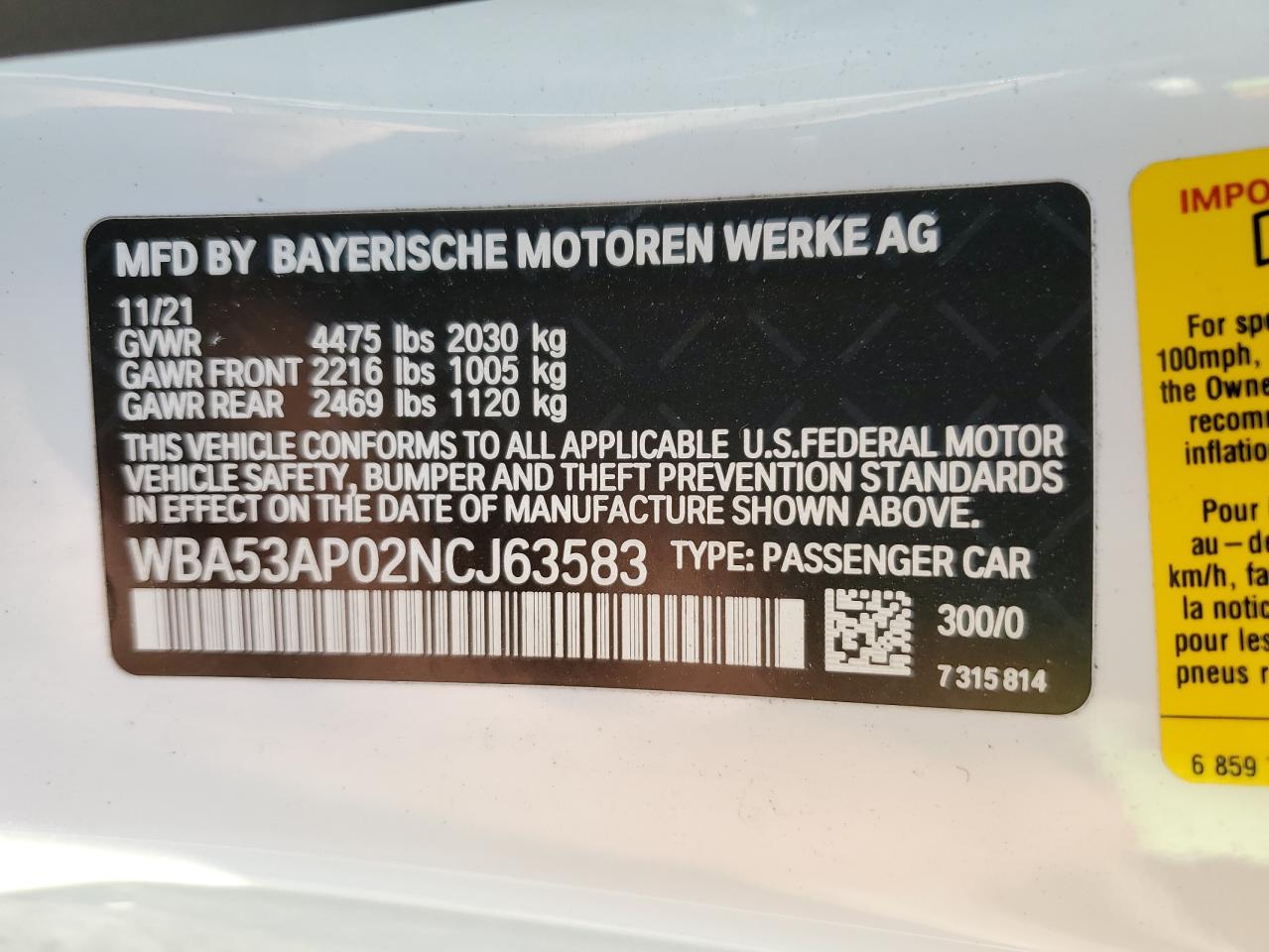 2022 BMW 430I VIN:WBA53AP02NCJ63583