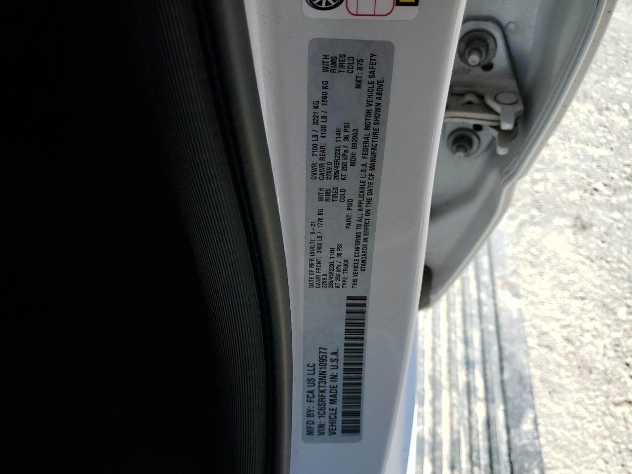 2022 RAM 1500 LONGHORN VIN:1C6SRFKT3NN109577