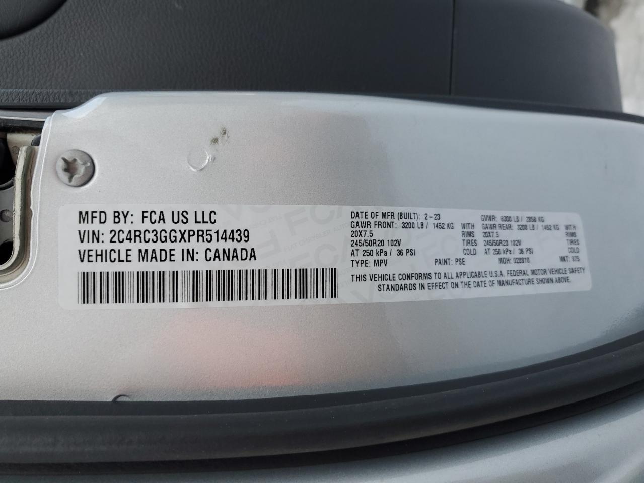 2023 CHRYSLER PACIFICA LIMITED VIN:2C4RC3GGXPR514439