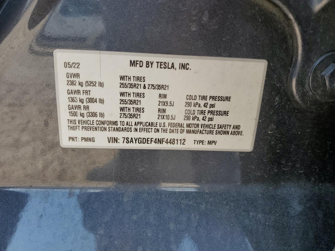 2022 TESLA MODEL Y VIN:7SAYGDEF4NF448112