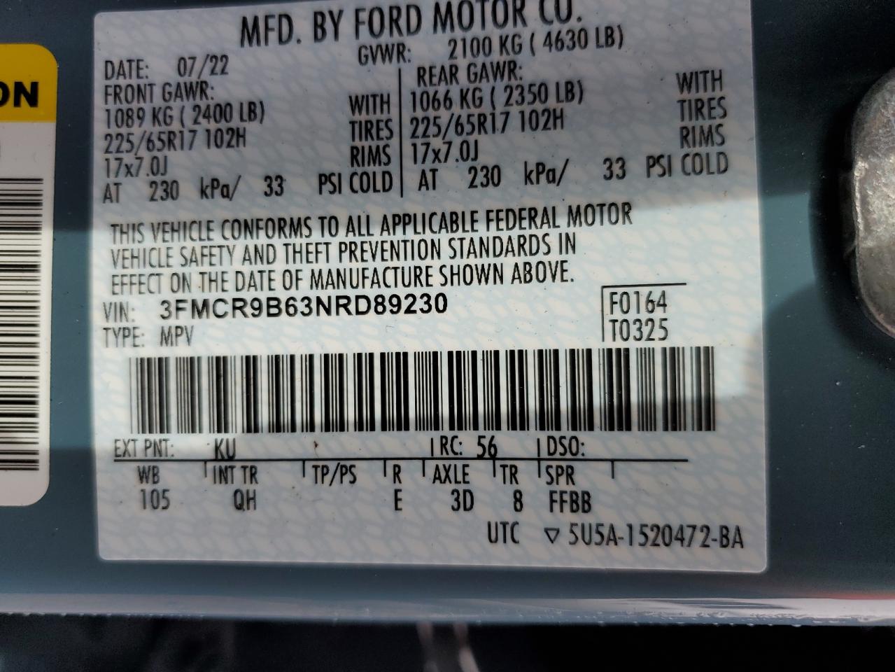 2022 FORD BRONCO SPORT BIG BEND VIN:3FMCR9B63NRD89230