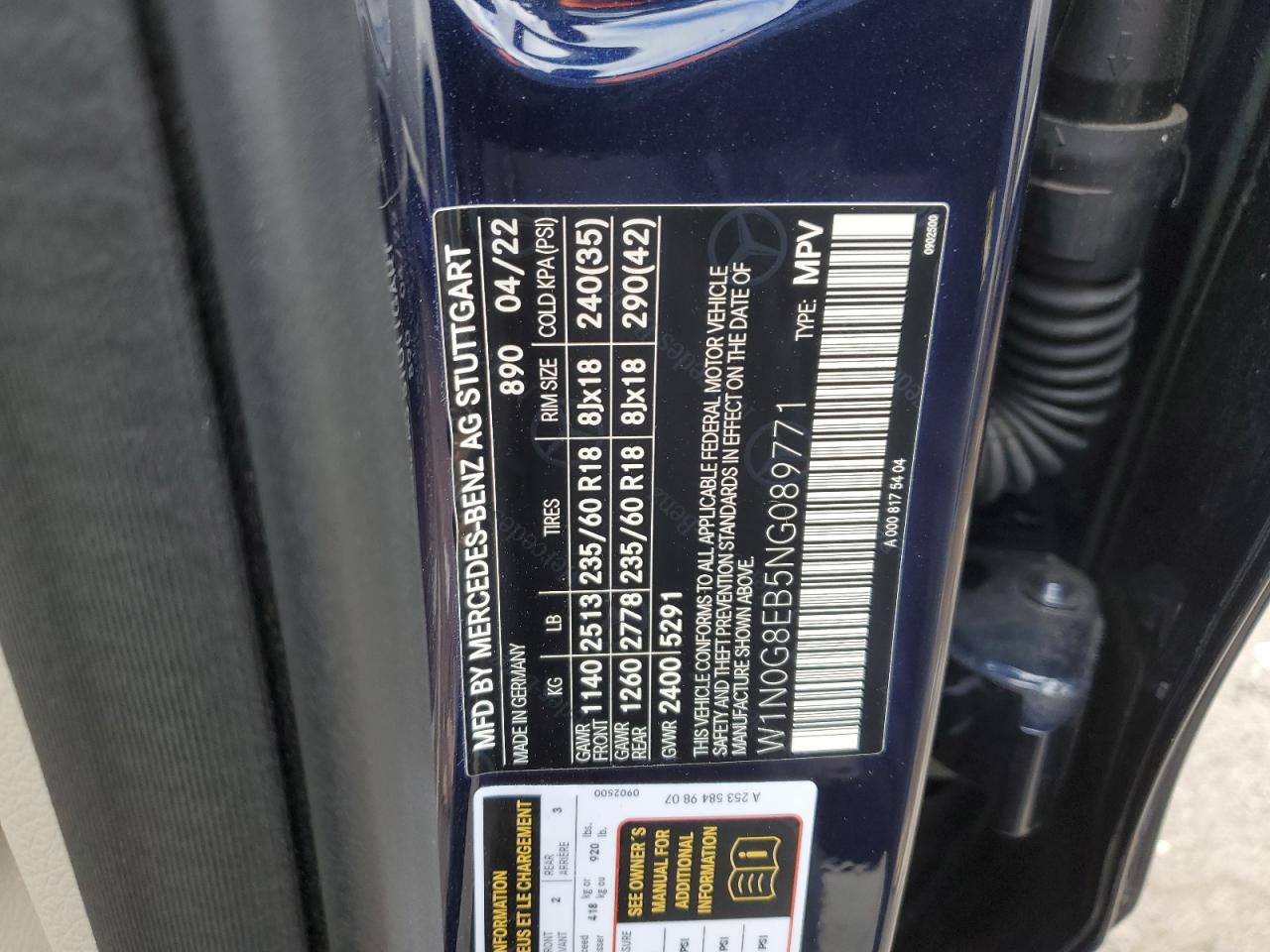 2022 MERCEDES-BENZ GLC 300 4MATIC VIN:W1N0G8EB5NG089771