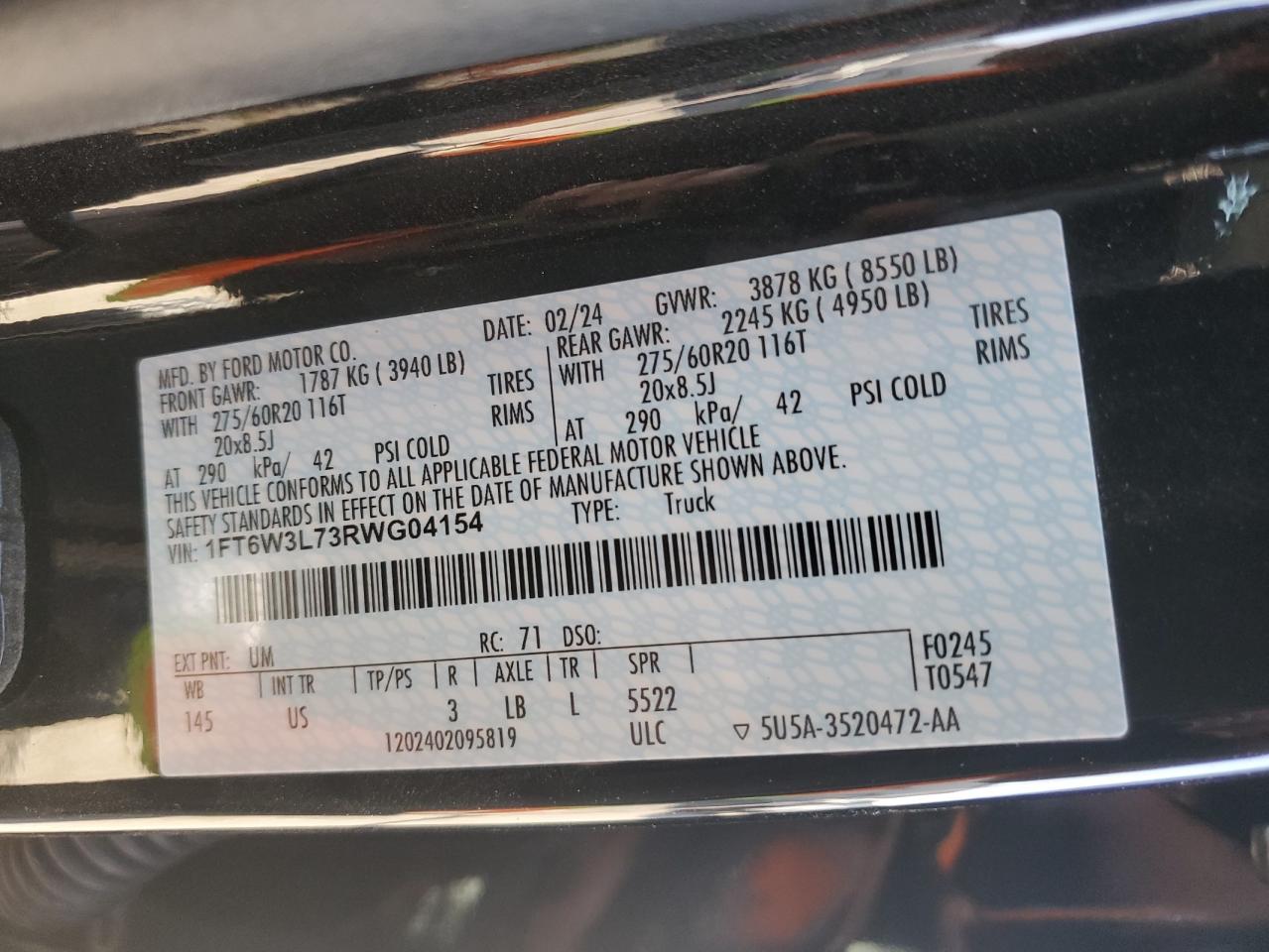 2024 FORD F150 LIGHTNING XLT VIN:1FT6W3L73RWG04154