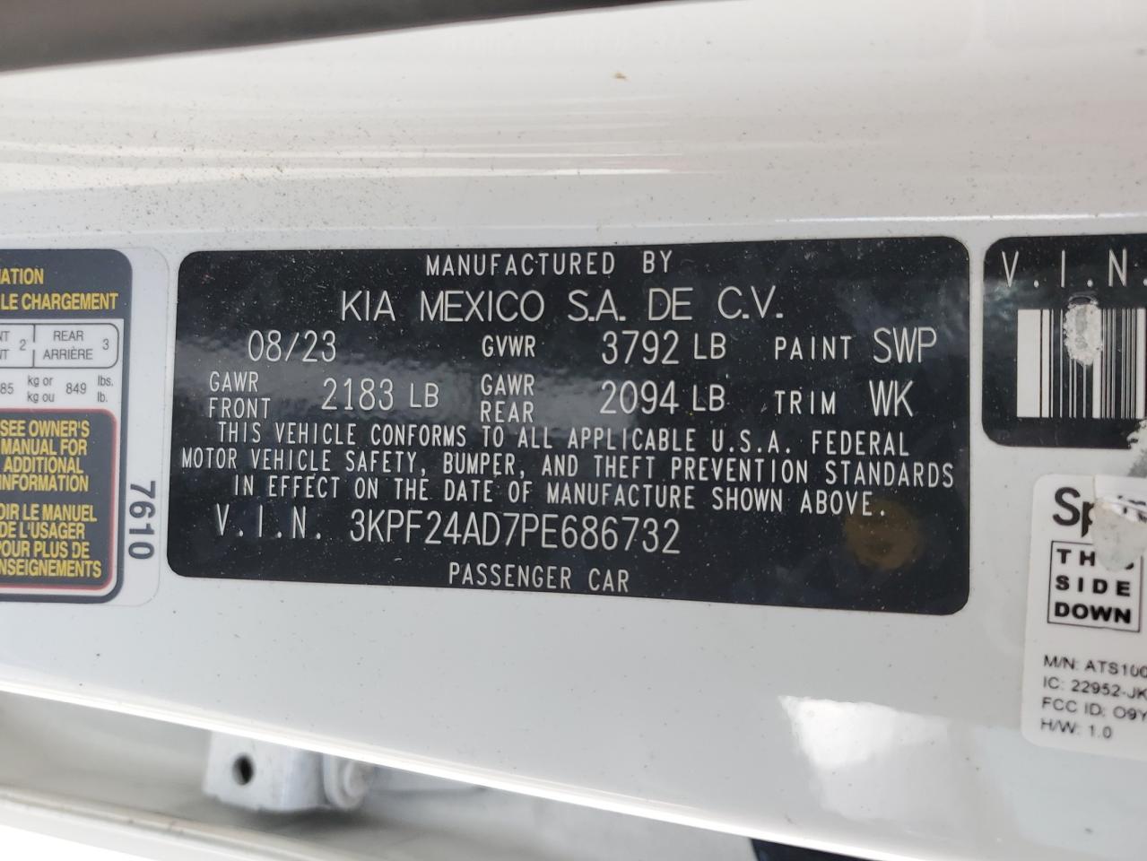 2023 KIA FORTE LX VIN:3KPF24AD7PE686732