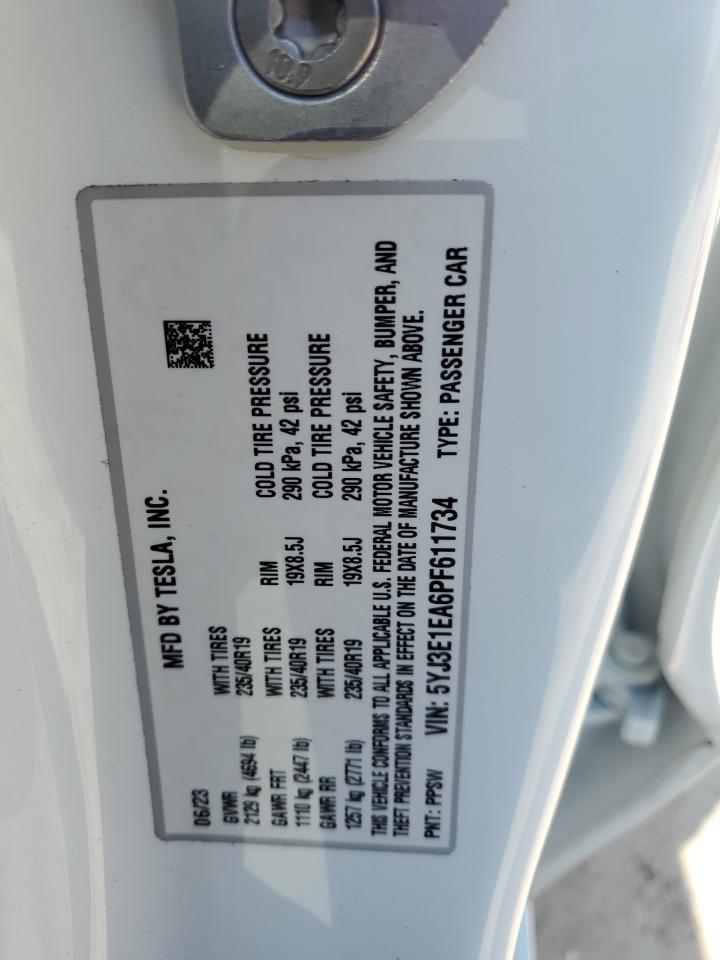 2023 TESLA MODEL 3 VIN:5YJ3E1EA6PF611734