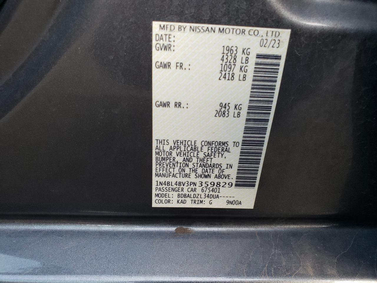 2023 NISSAN ALTIMA S VIN:1N4BL4BV3PN359829