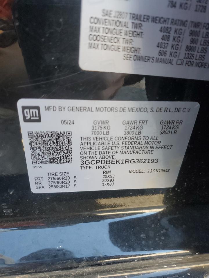 2024 CHEVROLET SILVERADO K1500 CUSTOM VIN:3GCPDBEK1RG362193