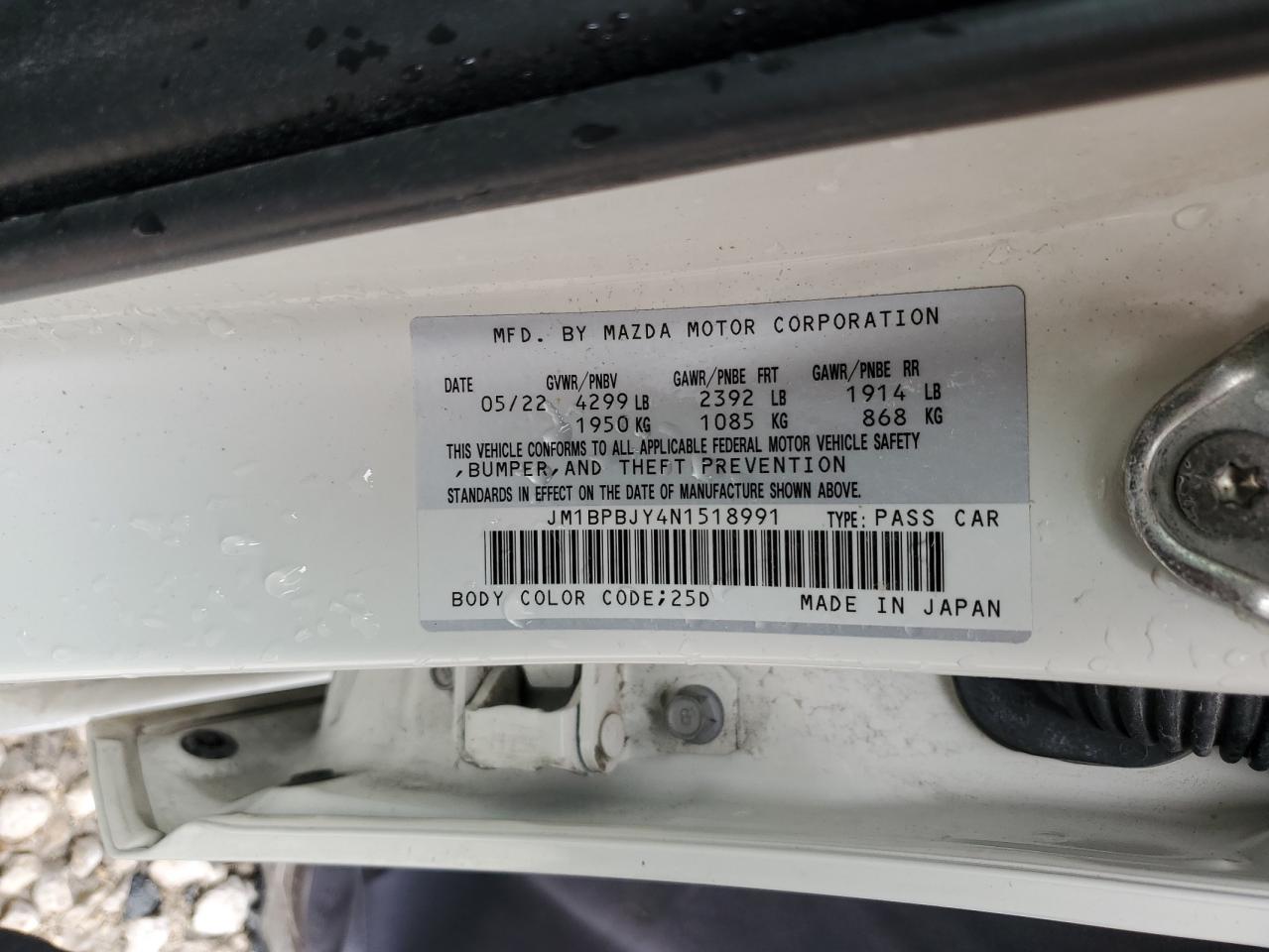 2022 MAZDA 3 VIN:JM1BPBJY4N1518991