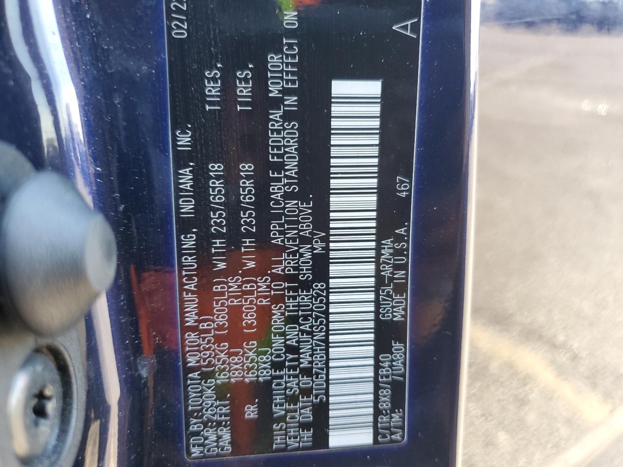 2022 TOYOTA HIGHLANDER XLE VIN:5TDGZRBH7NS570528