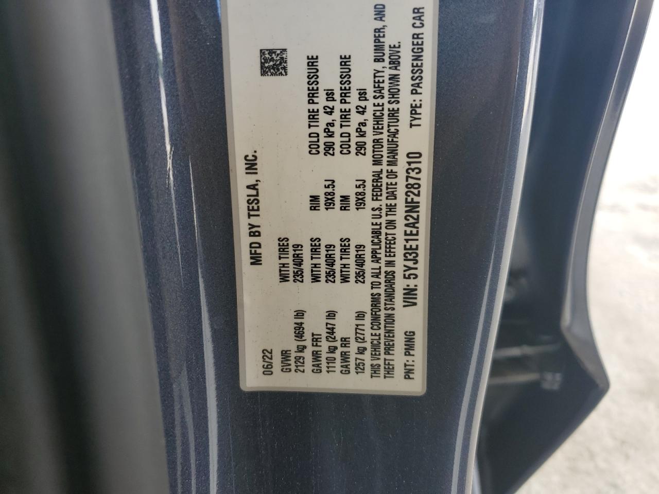 2022 TESLA MODEL 3 VIN:5YJ3E1EA2NF287310