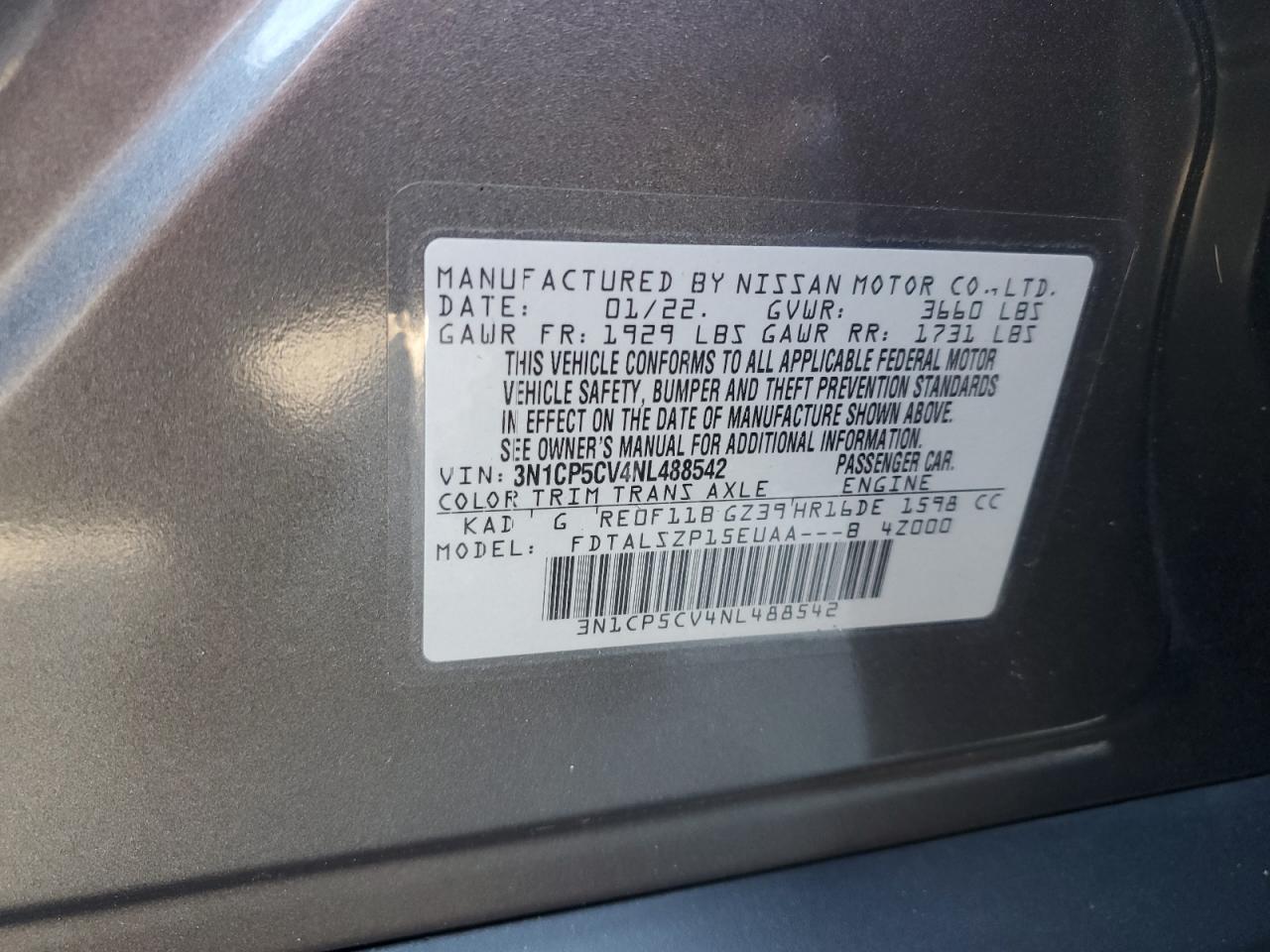 2022 NISSAN KICKS SV VIN:3N1CP5CV4NL488542