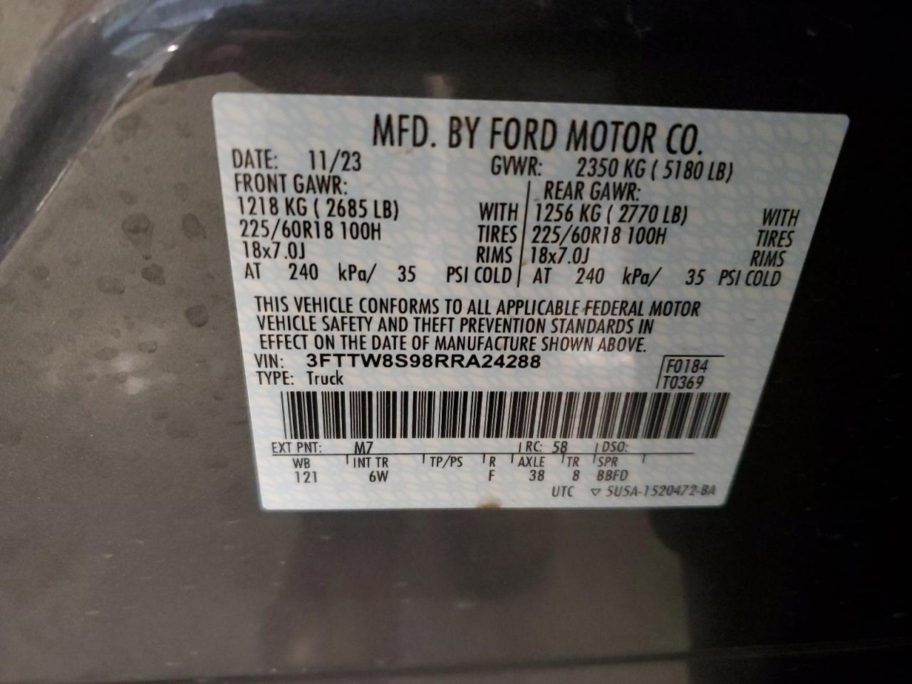 2024 FORD MAVERICK LARIAT VIN:3FTTW8S98RRA24288