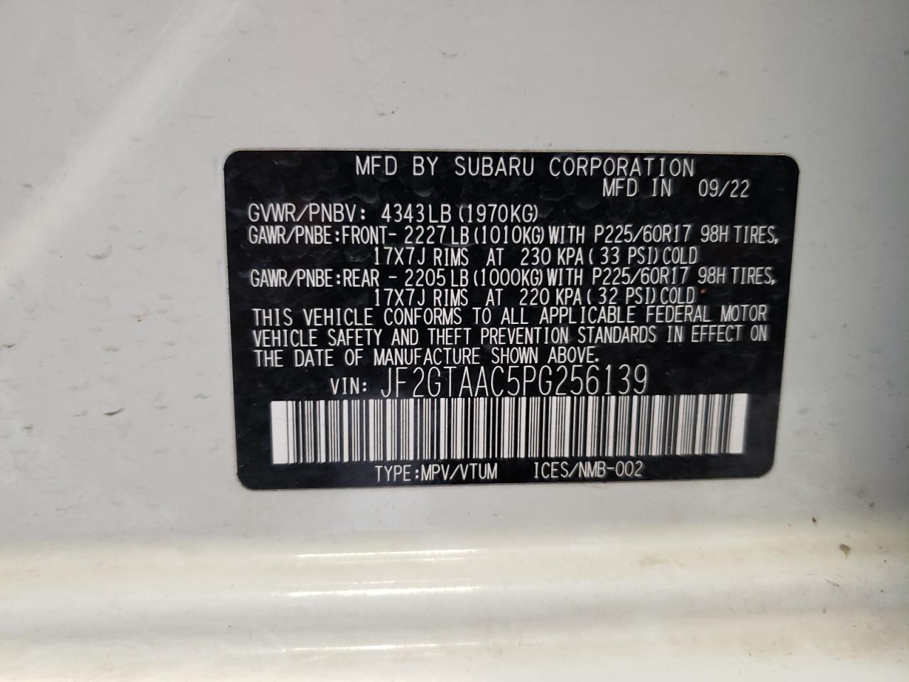 2023 SUBARU CROSSTREK VIN:JF2GTAAC5PG256139