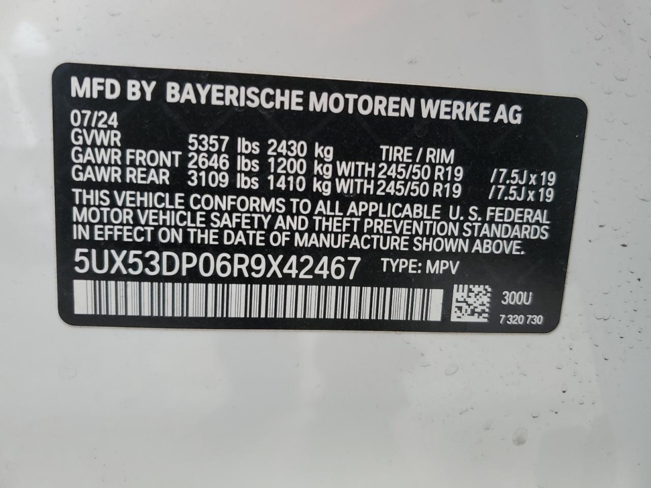 2024 BMW X3 XDRIVE30I VIN:5UX53DP06R9X42467