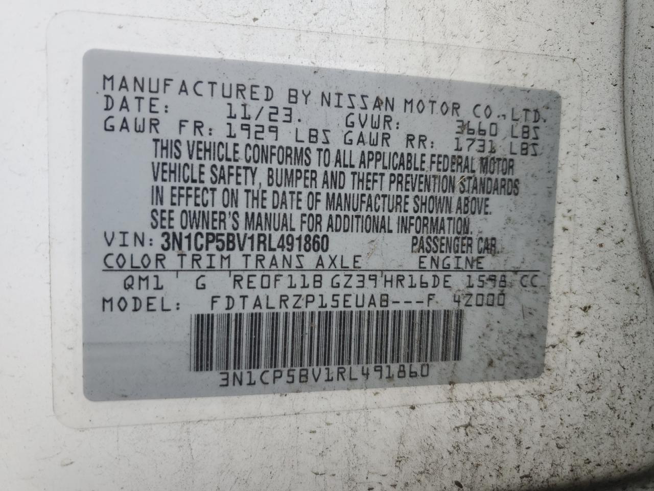 2024 NISSAN KICKS S VIN:3N1CP5BV1RL491860