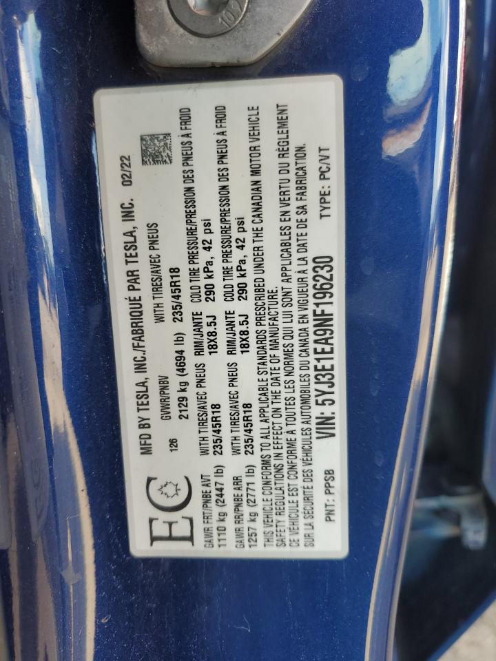 2022 TESLA MODEL 3 VIN:5YJ3E1EA9NF196230