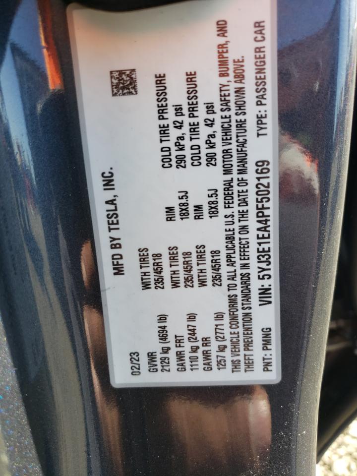 2023 TESLA MODEL 3 VIN:5YJ3E1EA4PF502169