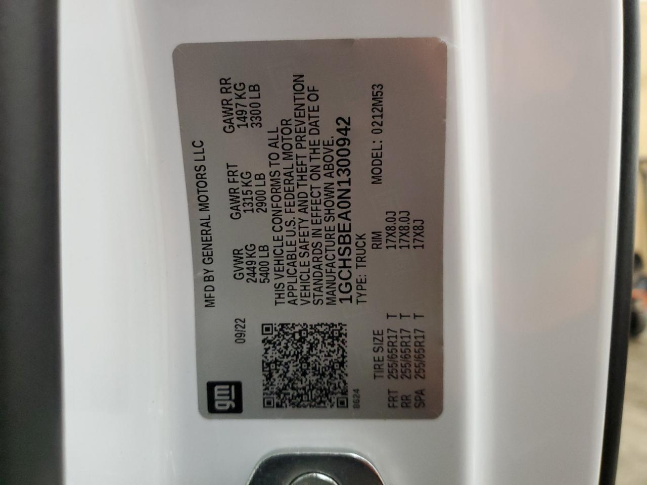 2022 CHEVROLET COLORADO VIN:1GCHSBEA0N1300942