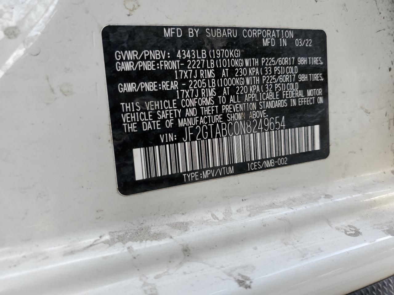 2022 SUBARU CROSSTREK VIN:JF2GTABC0N8249654