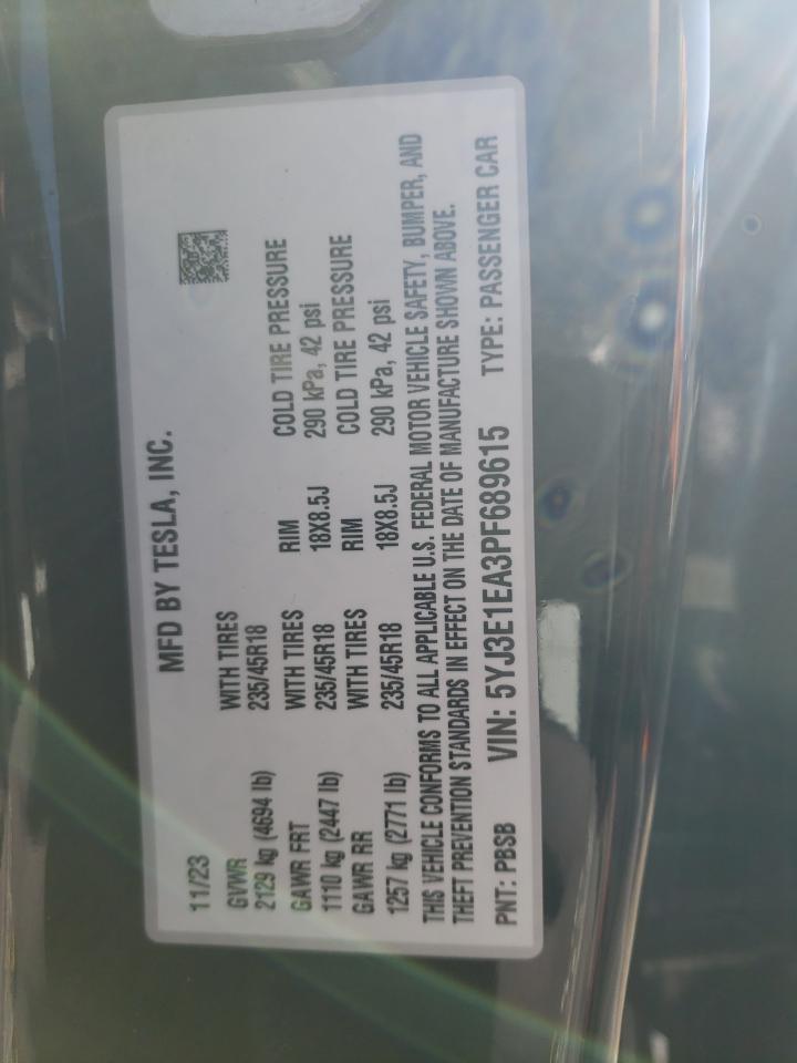 2023 TESLA MODEL 3 VIN:5YJ3E1EA3PF689615