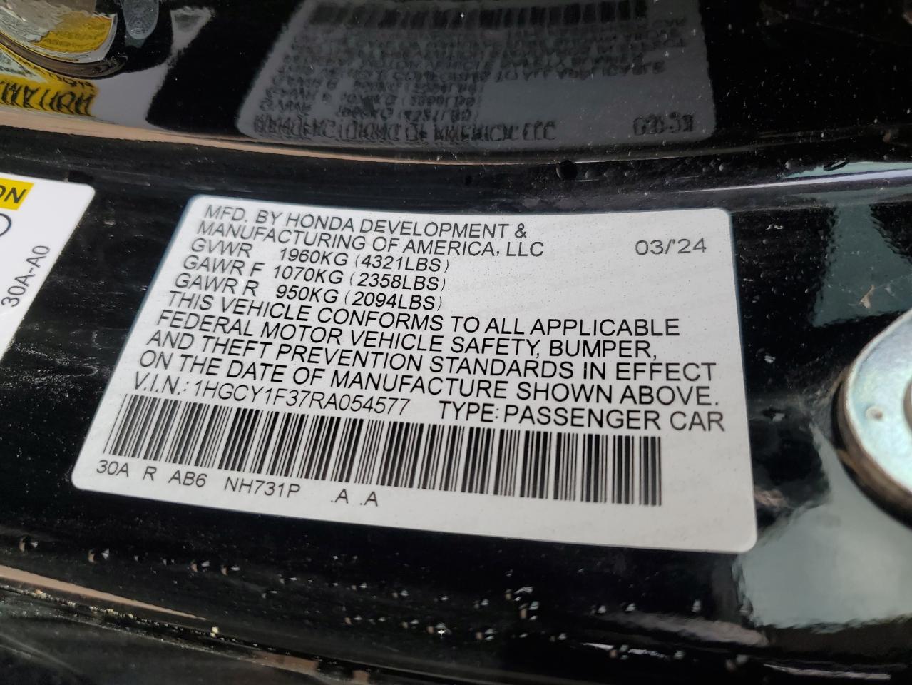 2024 HONDA ACCORD EX VIN:1HGCY1F37RA054577