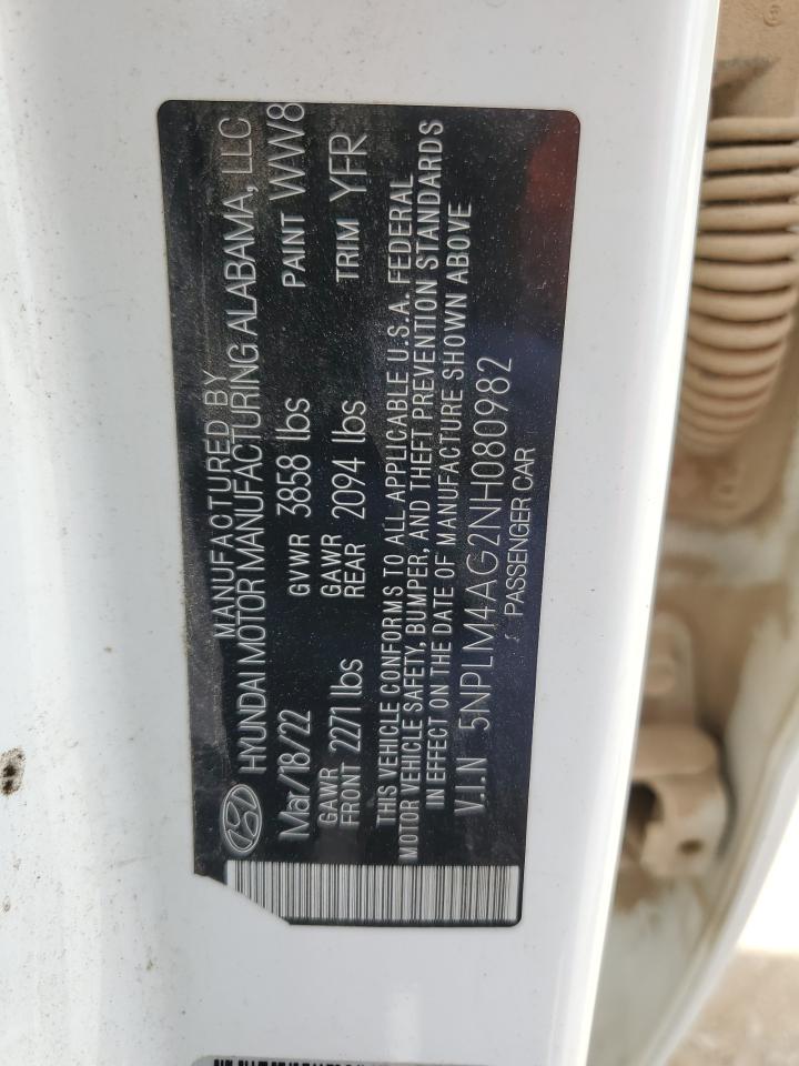 2022 HYUNDAI ELANTRA SEL VIN:5NPLM4AG2NH080982