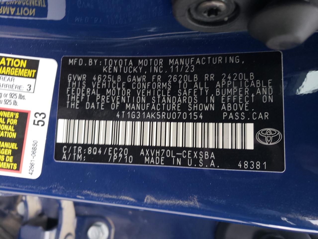 2024 TOYOTA CAMRY SE NIGHT SHADE VIN:4T1G31AK5RU070154